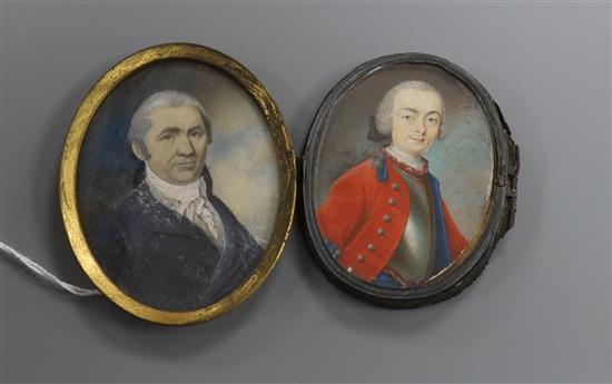 19th century English School, gouache on ivory, two oval portrait miniatures on ivory of gentlemen 6 x 4.75cm